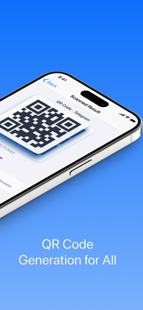 Pantalla de iPhone mostrando un código QR de Telegram generado por la aplicación Lector de Códigos QR.