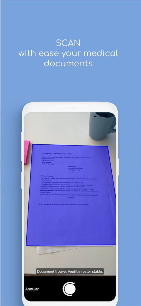 CardioParc - A smartphone screen showing the CardioParc app interface while scanning a medical document with its camera.