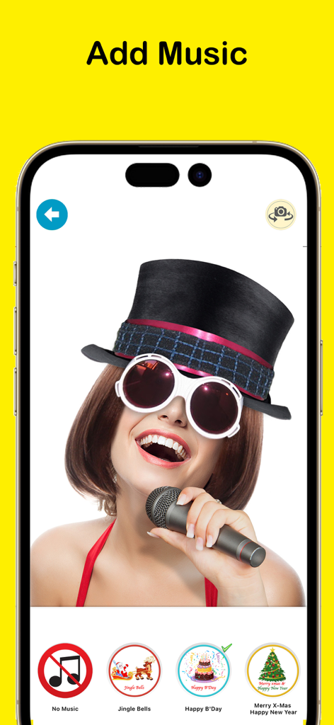 Interface of Crazy Helium app showing the Add Music feature with funny face filters and birthday song options.