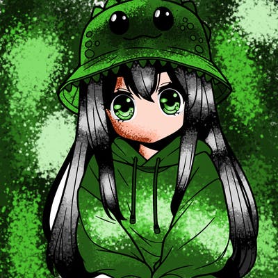 girl with anime shaped eyes with a dinosaur bucket hat oversized sweatshirt long straight hair