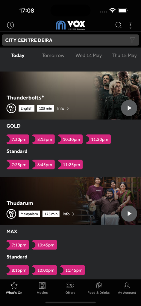 VOX Cinemas app interface showing movie listings for Thunderbolts and Thudarum with various showtimes and premium theater options
