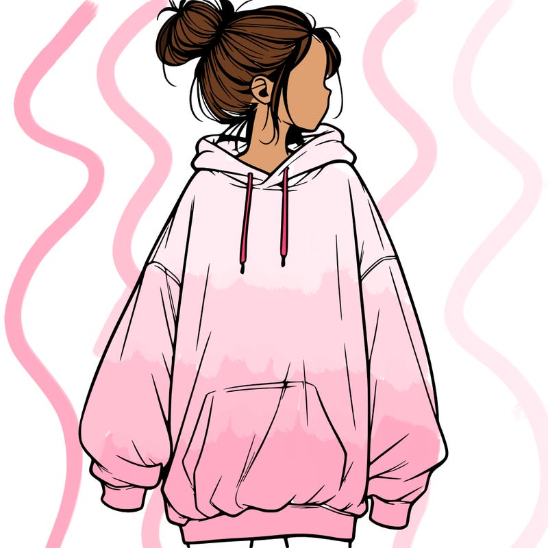 realistic girl with a oversized sweatshirt on and a bun