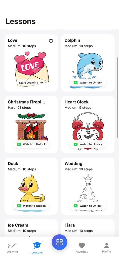 AR Drawing: Trace to Sketch - Interfaz de la aplicación AR Drawing que muestra una lista de lecciones de dibujo con varias plantillas como un delfín y un reloj de corazón.