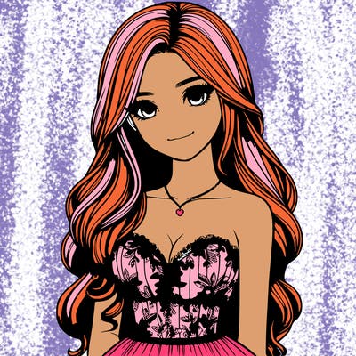 realistic girl with long hair and pretty prom dress