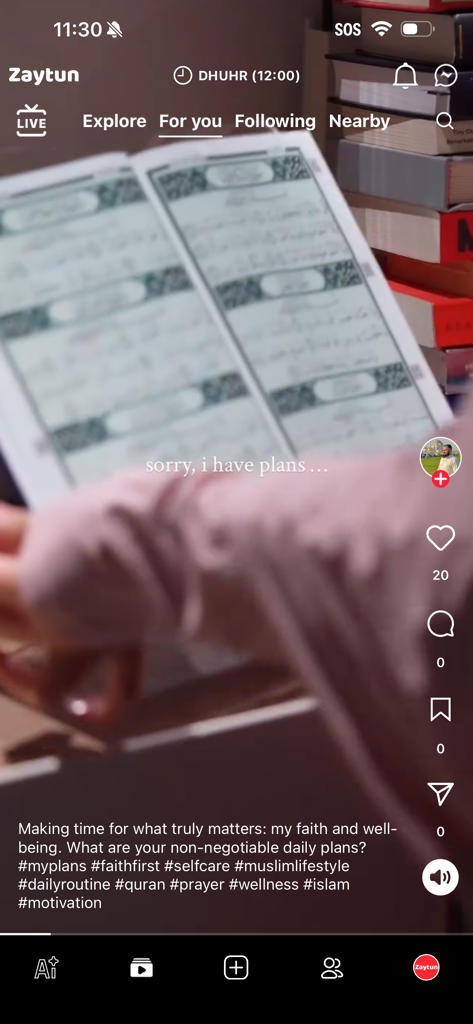 Zaytun AI - A screenshot of the Zaytun AI app showing a short video of someone reading the Quran with prayer time notifications.