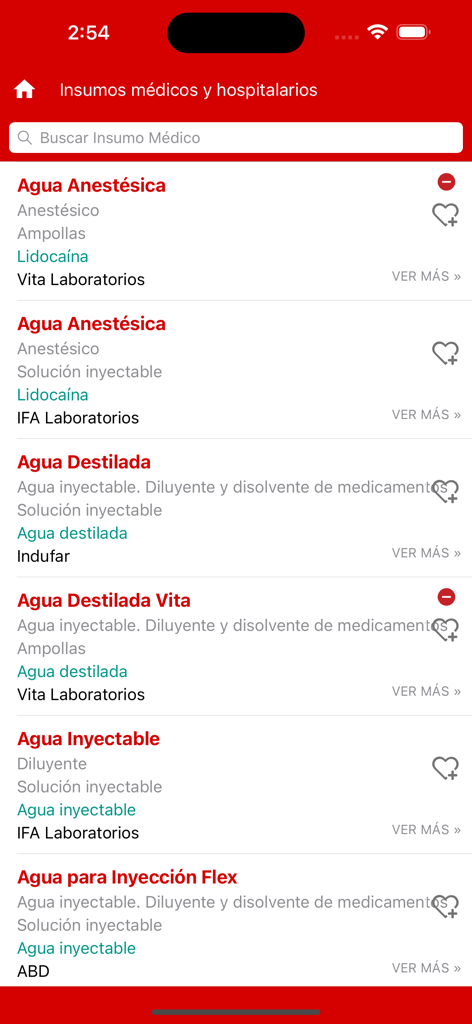 Infomerc Medicamentos - Screen displaying a list of medical and hospital supplies in the Infomerc Medicamentos app