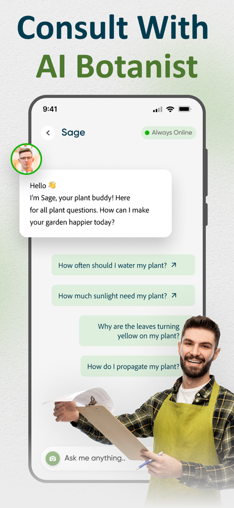 Smartphone-Bildschirm, der eine KI-Pflanzenbotaniker-Chat-Oberfläche mit Fragen zur Pflanzenpflege anzeigt