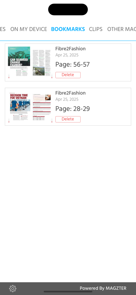 Fibre2Fashion (Magazine) - Bookmarks section of the Fibre2Fashion magazine app showing saved articles about seaweed in fashion and the Vietnam industry.