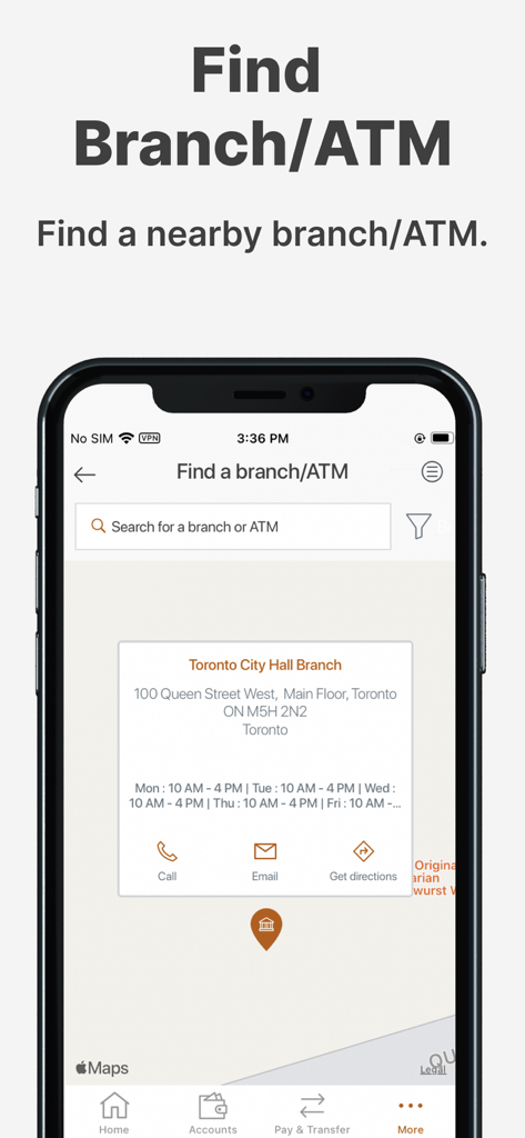 Alterna Savings Mobile Banking - Alterna Savings app branch and ATM locator map showing Toronto City Hall branch details.