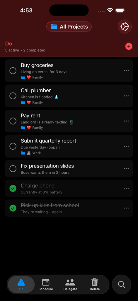 (nothing) To Do - Minimalistische Aufgabenlistenoberfläche für das 'Erledigen'-Quadrant in der nothing To Do-App, die dringende Aufgaben im Dunkelmodus anzeigt.