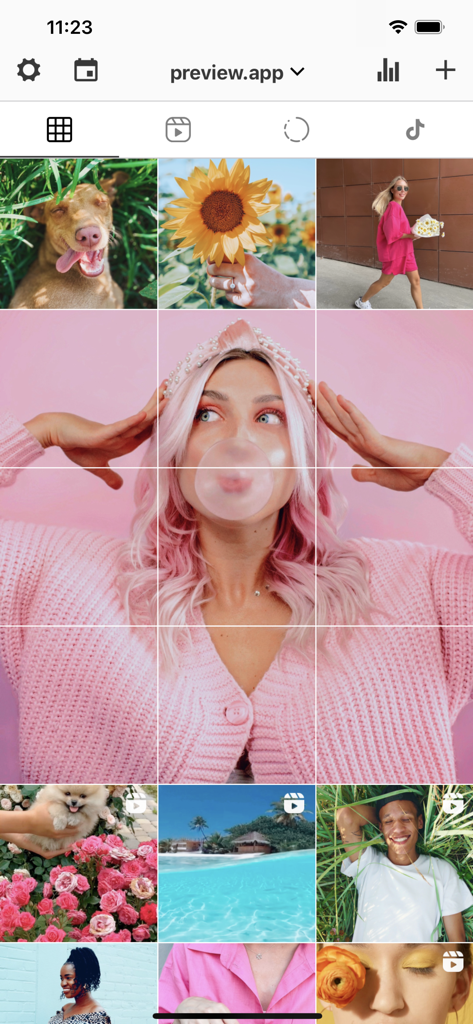 Mobile app interface showing a curated Instagram grid layout with photos and a pink aesthetic theme.
