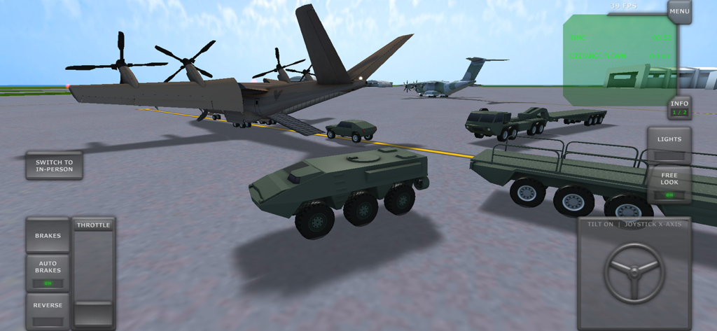 Turboprop Flight Simulator - Um avião de carga militar com rampa aberta e veículos terrestres blindados em uma pista de aeródromo