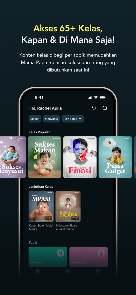 HappyKids Parenting app interface displaying various child development video classes and categories