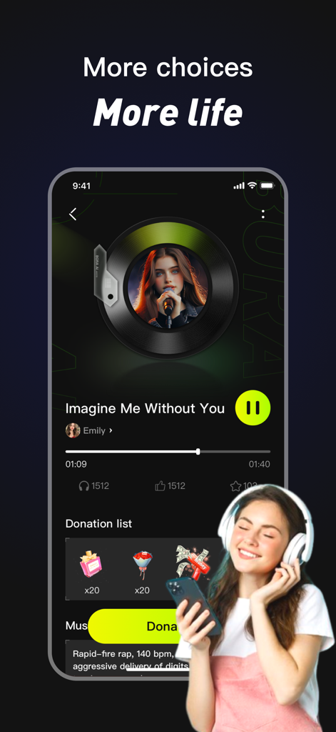 Bora AI music app player interface showing a song being played and a donation list with a woman using headphones