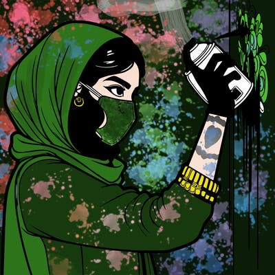 realistic girl with mask spray painting a wall