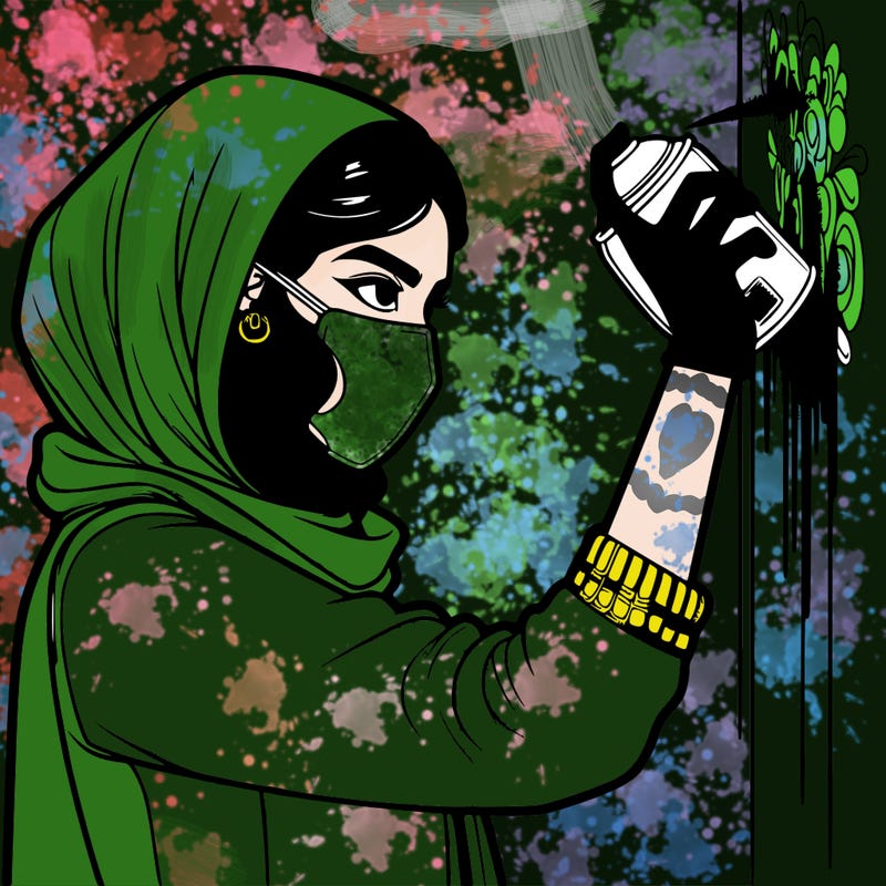 realistic girl with mask spray painting a wall