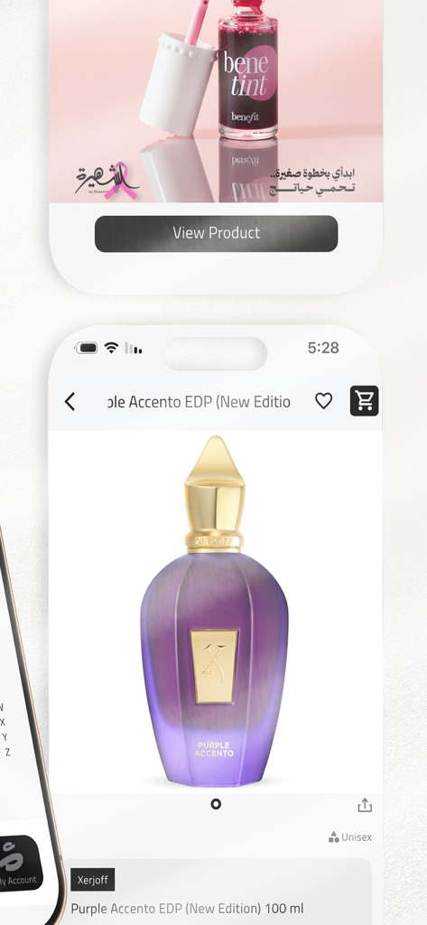 Al Shaheera - الشهيرة - Al Shaheera mobile app interface showcasing Xerjoff luxury perfume and Benefit makeup products