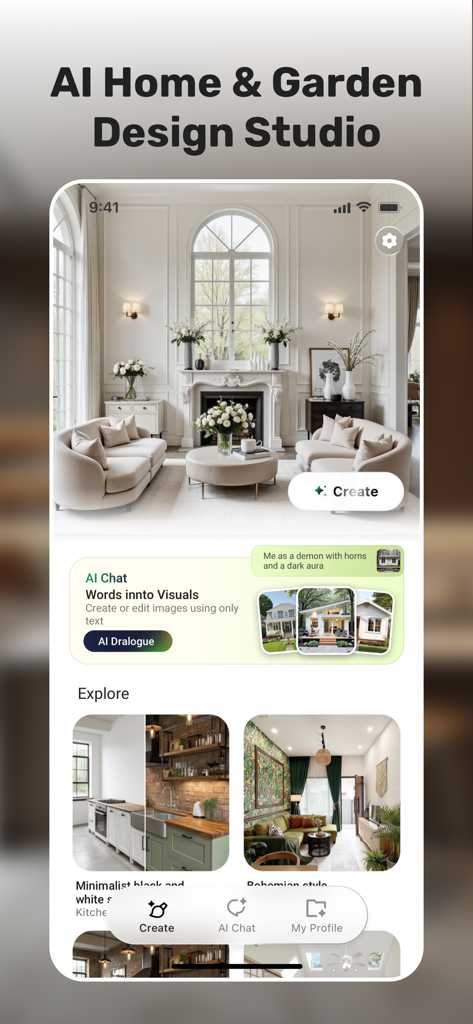 AI Home Designer - Interivo - Interivo app interface showing AI Home and Garden Design Studio with luxury living room visualization and interior design explore section