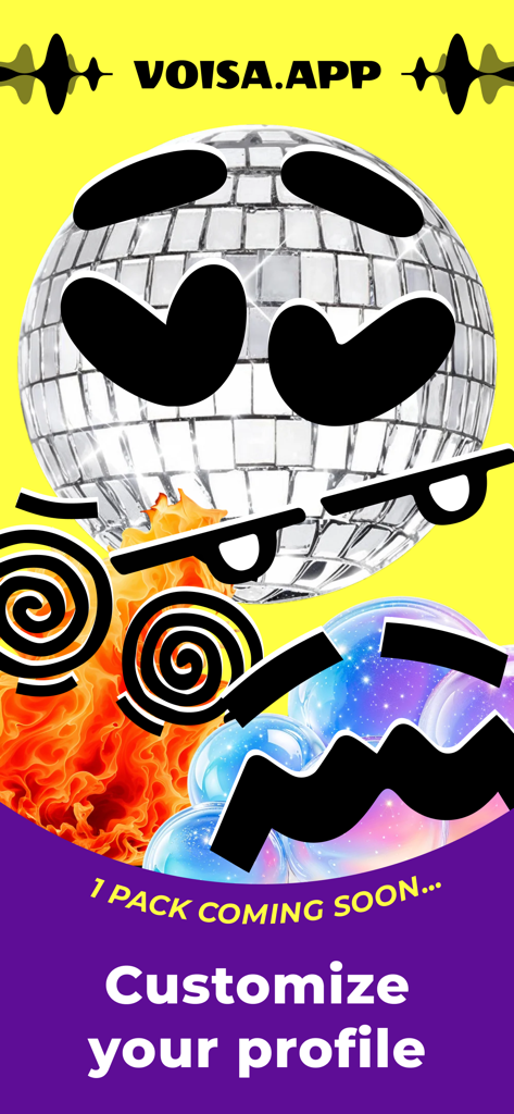 Pantalla de la aplicación Voisa que muestra opciones de personalización de perfil con pegatinas creativas y un personaje de bola de discoteca.