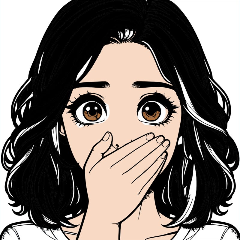 realistic girl covering her mouth with her hand wide eyed in shock and fear