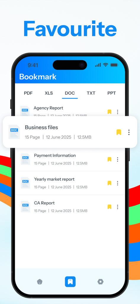 All Document Reader: PDF, Word - オール ドキュメント リーダーアプリのインターフェースにあるブックマークされたWord文書のリスト