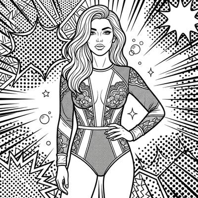 Step into the vibrant world of Pop Art with this stunning bodysuit coloring page. Featuring intricate lace details and a dynamic background, it's a fashionable challenge for adult colorists.
