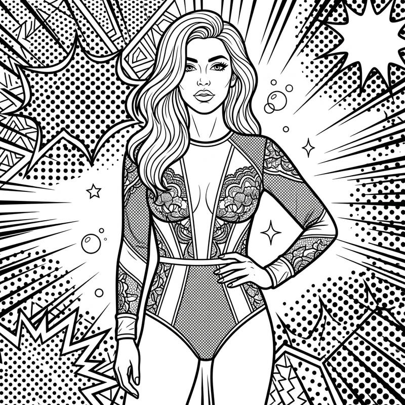 Step into the vibrant world of Pop Art with this stunning bodysuit coloring page. Featuring intricate lace details and a dynamic background, it's a fashionable challenge for adult colorists.