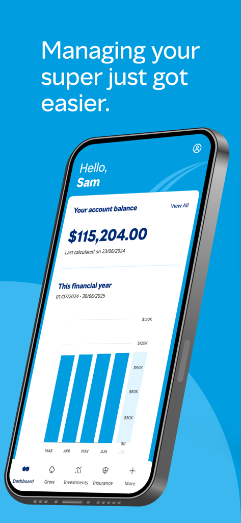 Mercer Super (Member App) - Dashboard view of the Mercer Super mobile app showing a user's account balance and a performance bar chart for the financial year.