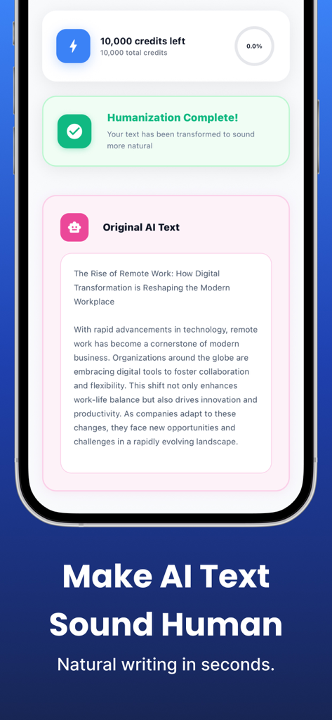 LegitWriter - LegitWriter mobile app screen showing a completed text humanization process with credits balance and original AI content