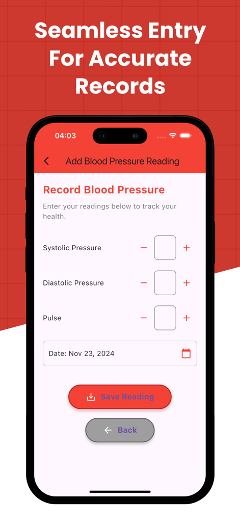 Blood Pressure Tracker & Info - Mobile app interface for recording systolic and diastolic blood pressure and pulse readings