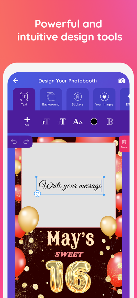 Interface of the Mini Photobooth app showing design tools and a Sweet 16 party template customization with balloons and text