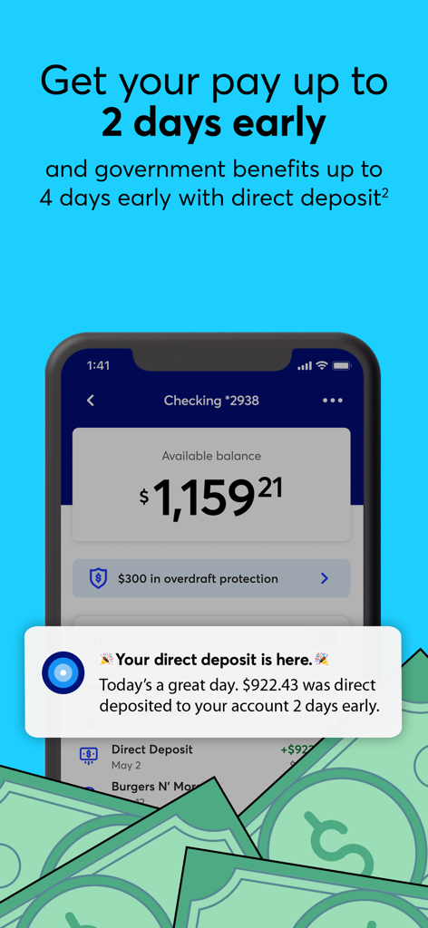 GO2bank: Mobile banking - Pantalla de la app móvil GO2bank que muestra una notificación de depósito directo y funciones de pago anticipado
