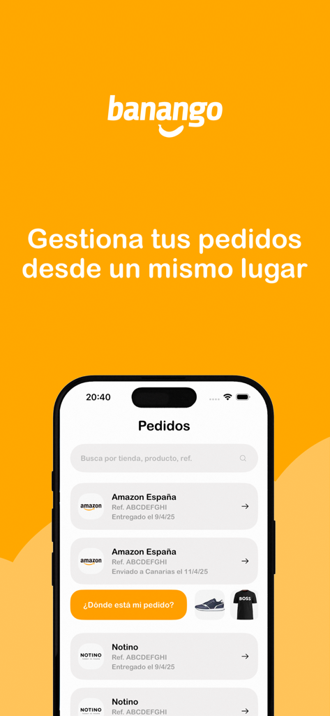 Interfaz de la app Banango mostrando el seguimiento de pedidos de tiendas como Amazon y Notino en las Islas Canarias