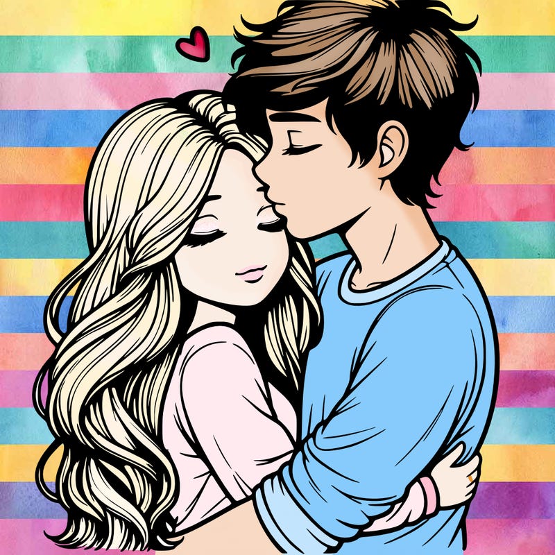 a realistic couple boy and girl hugging and kissing