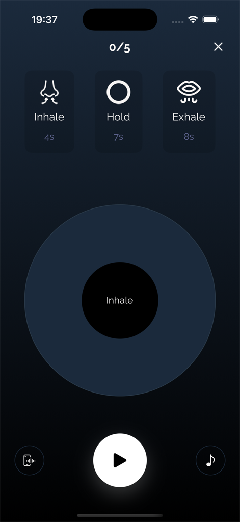 VitaBreath - VitaBreath app screen showing a guided breathing animation with inhale hold and exhale timing cues