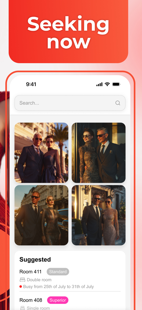 Interface d'application mobile de gestion immobilière montrant les chambres suggérées avec leur statut et les détails de réservation.