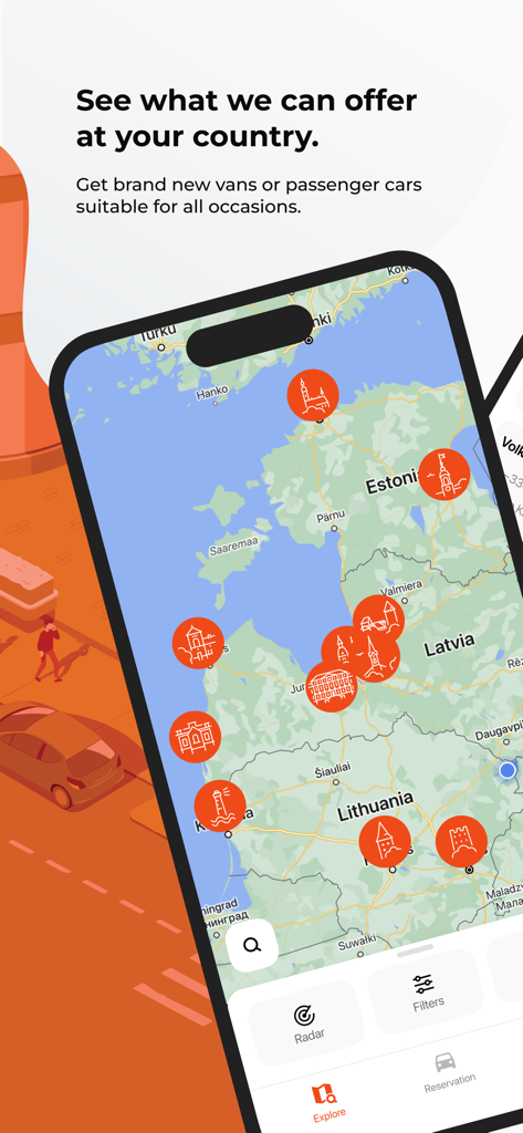 CityBee shared mobility - Ein Smartphone, das eine Karte der baltischen Länder mit verfügbaren CityBee Carsharing-Standorten anzeigt.