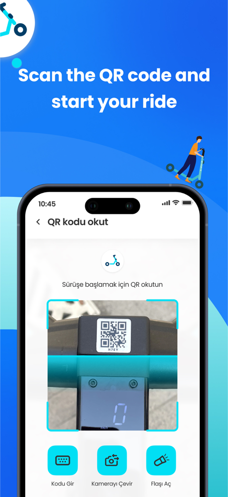 Scanning a QR code on a BinBin scooter to start a ride