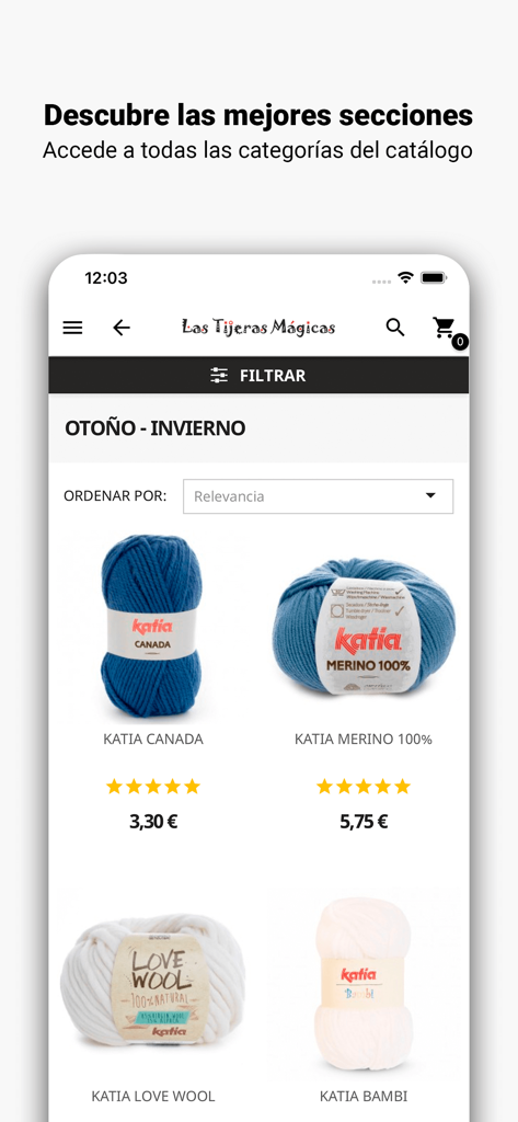 Las Tijeras Mágicas - Catálogo de la app móvil mostrando diferentes tipos de lana Katia para proyectos de tejido y ganchillo