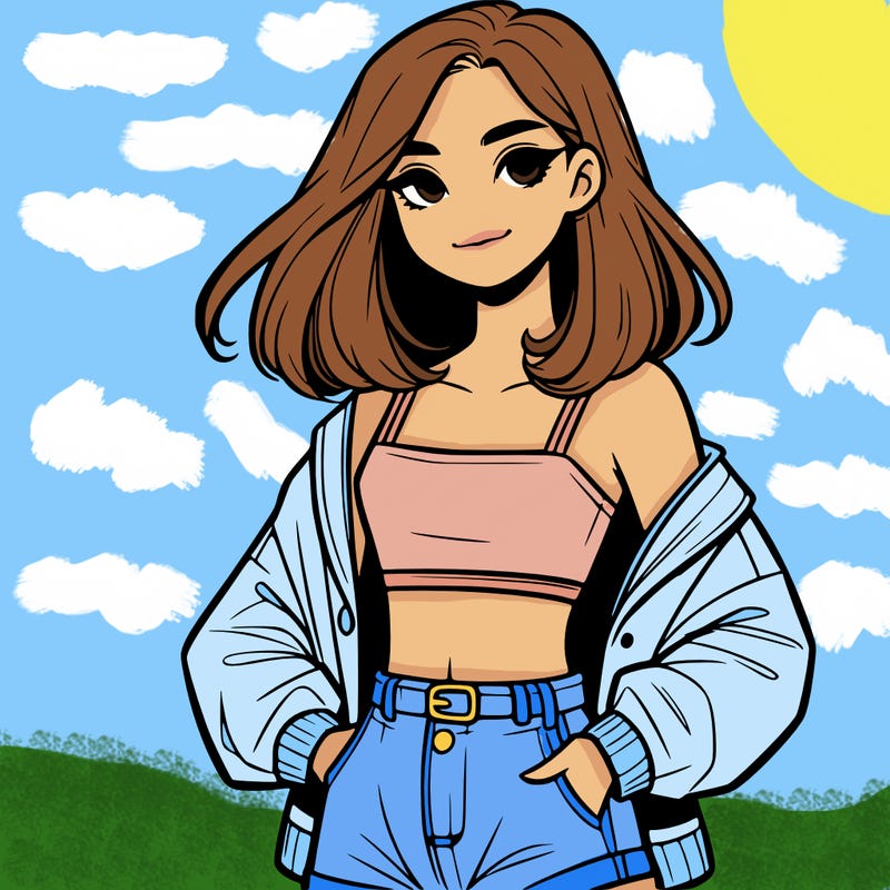 a realistic girl with a crop top and short shorts in an open jacket