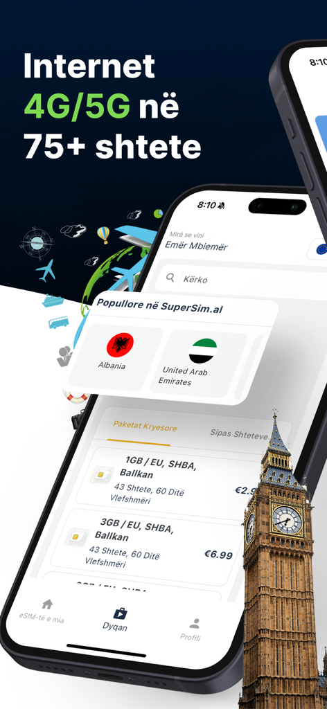 Interfaccia dell'app SuperSim che mostra pacchetti dati internazionali 4G e 5G per viaggiatori
