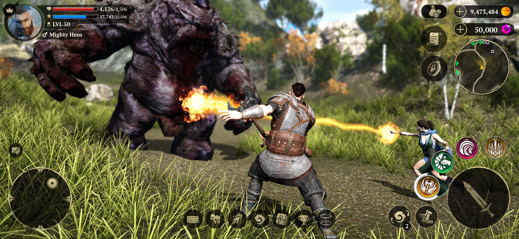 Evil Lands: Epic MMORPG game - Un guerriero e una maga fanno squadra per combattere un mostro gigante in una scena di gameplay di Evil Lands MMORPG.