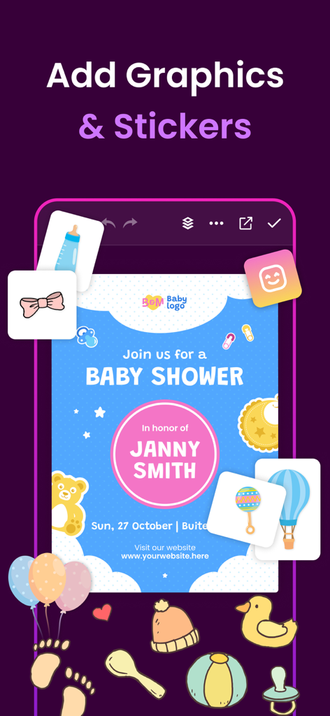Invitation Maker - Card Maker - Invitation maker app interface showing a baby shower card design with various cute baby-themed stickers and graphics
