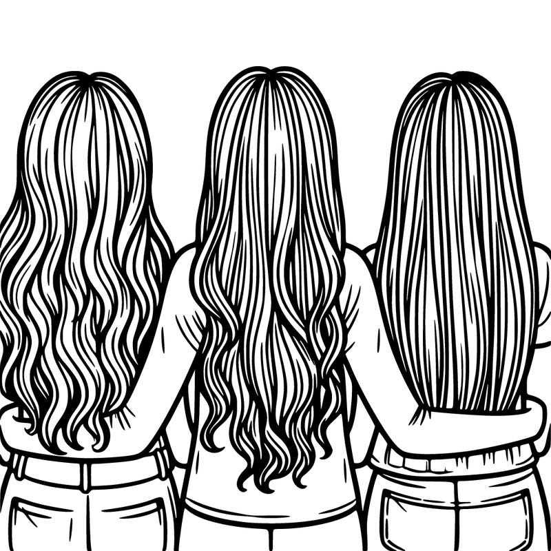 3 best friends together with long hair backs facing us