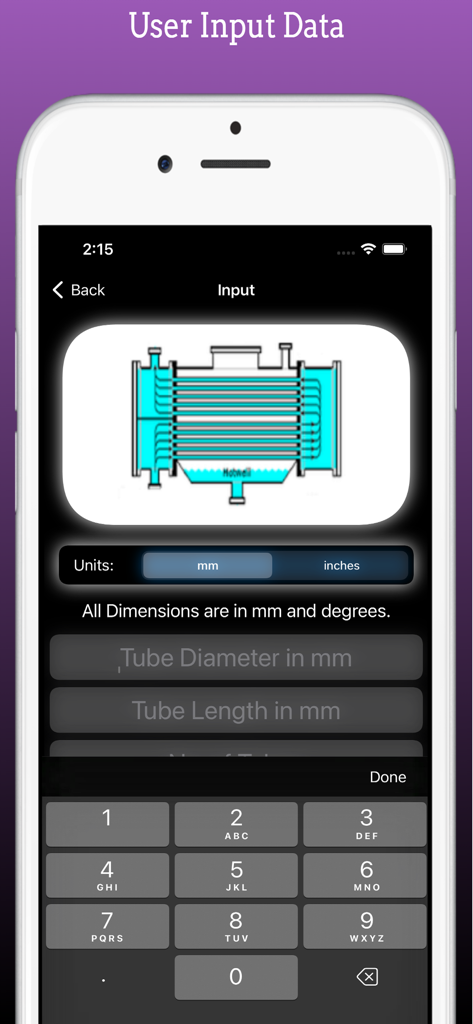 Interfaccia di input per il calcolo delle dimensioni degli scambiatori di calore, inclusi diametro e lunghezza dei tubi