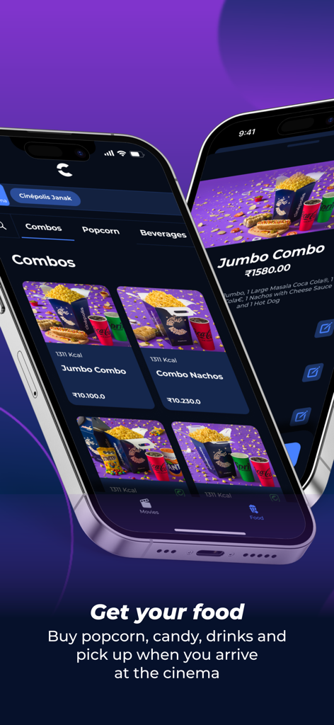 Cinepolis Go app interface for pre-ordering cinema snacks and popcorn combos