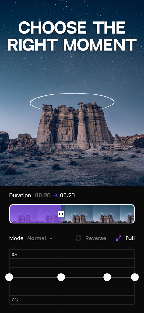 Smartphone interface of Slow Motion Video app showing speed adjustment and timeline controls for a landscape video