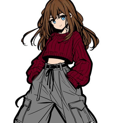 anime teen girl with baggy pants and crop top with sweater