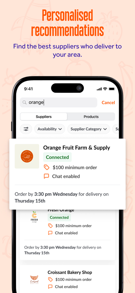 Ordermentum mobile app interface showing personalized supplier search results for hospitality businesses.