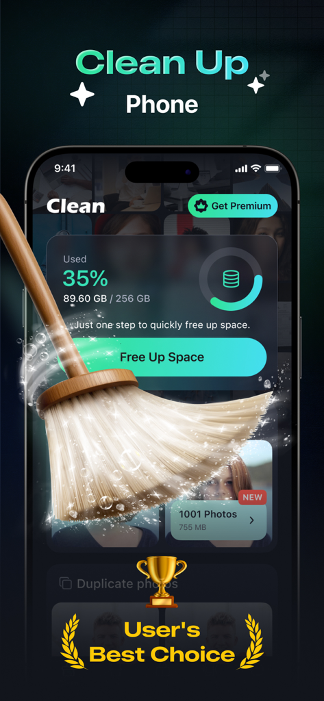 Space Cleaner – Phone Cleanup - Interfaz de la aplicación Space Cleaner que muestra el uso del almacenamiento del teléfono y un botón de limpieza de un toque